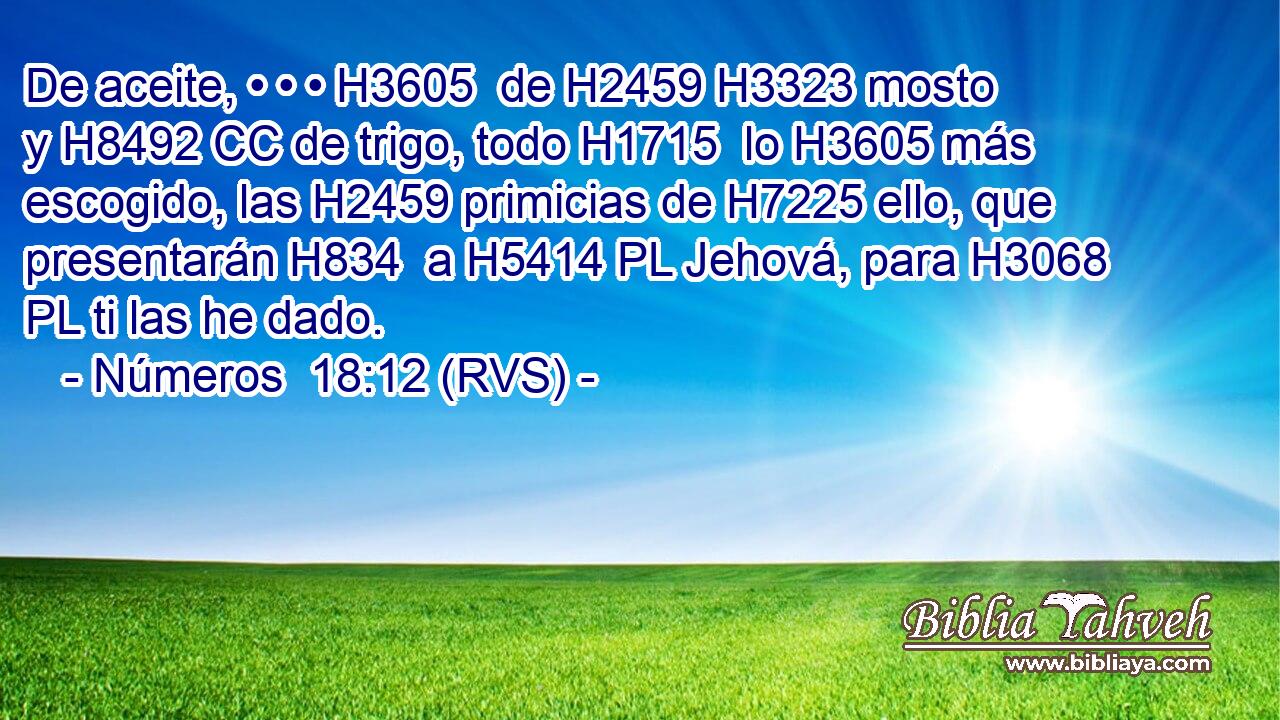 De aceite, • • • H3605  de H2459 H3323 mosto y H8492 CC de trigo, todo H1715  lo H3605 más escogido, las H2459 primicias de H7225 ello, que presentarán H834  a H5414 PL Jehová, para H3068 PL ti las he dado. 