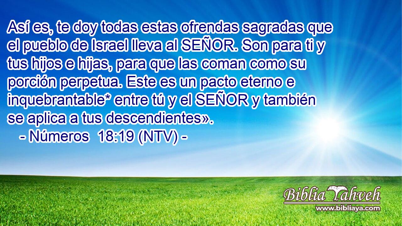 Así es, te doy todas estas ofrendas sagradas que el pueblo de Israel lleva al SEÑOR. Son para ti y tus hijos e hijas, para que las coman como su porción perpetua. Este es un pacto eterno e inquebrantable* entre tú y el SEÑOR y también se aplica a tus descendientes».