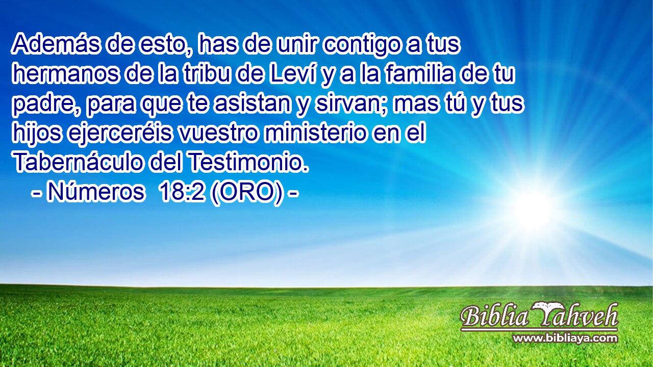  Además de esto, has de unir contigo a tus hermanos de la tribu de Leví y a la familia de tu padre, para que te asistan y sirvan; mas tú y tus hijos ejerceréis vuestro ministerio en el Tabernáculo del Testimonio. 