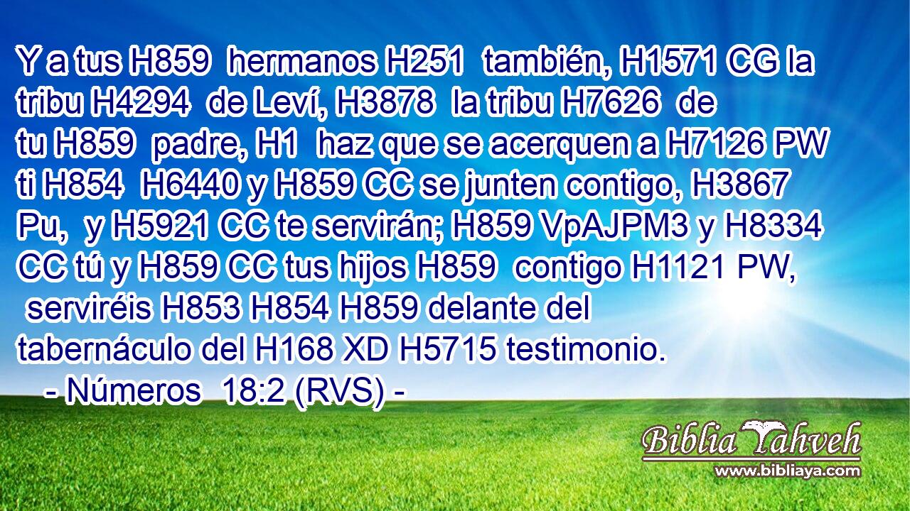 Y a tus H859  hermanos H251  también, H1571 CG la tribu H4294  de Leví, H3878  la tribu H7626  de tu H859  padre, H1  haz que se acerquen a H7126 PW ti H854  H6440 y H859 CC se junten contigo, H3867 Pu,  y H5921 CC te servirán; H859 VpAJPM3 y H8334 CC tú y H859 CC tus hijos H859  contigo H1121 PW,  serviréis H853 H854 H859 delante del tabernáculo del H168 XD H5715 testimonio. 