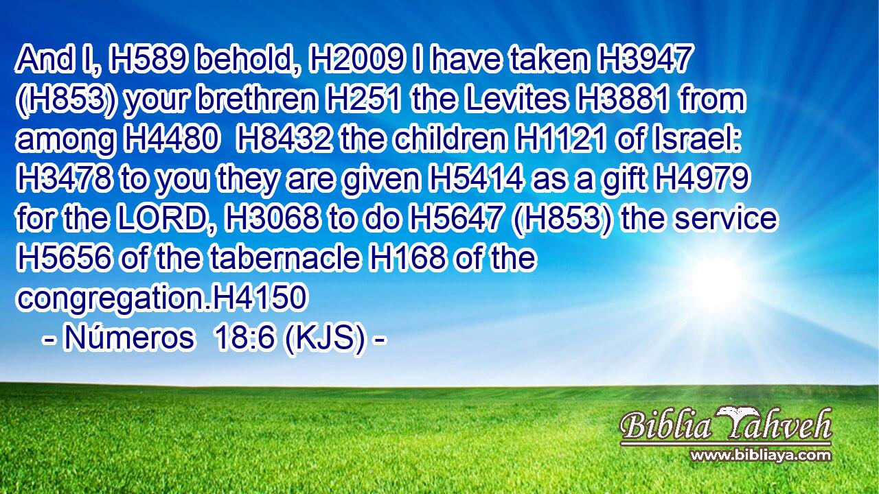 And I, H589 behold, H2009 I have taken H3947 (H853) your brethren H251 the Levites H3881 from among H4480  H8432 the children H1121 of Israel: H3478 to you they are given H5414 as a gift H4979 for the LORD, H3068 to do H5647 (H853) the service H5656 of the tabernacle H168 of the congregation.H4150
