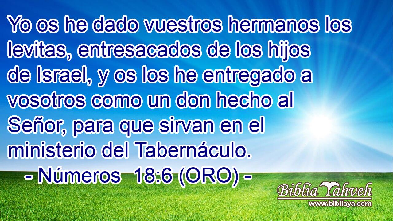  Yo os he dado vuestros hermanos los levitas, entresacados de los hijos de Israel, y os los he entregado a vosotros como un don hecho al Señor, para que sirvan en el ministerio del Tabernáculo. 