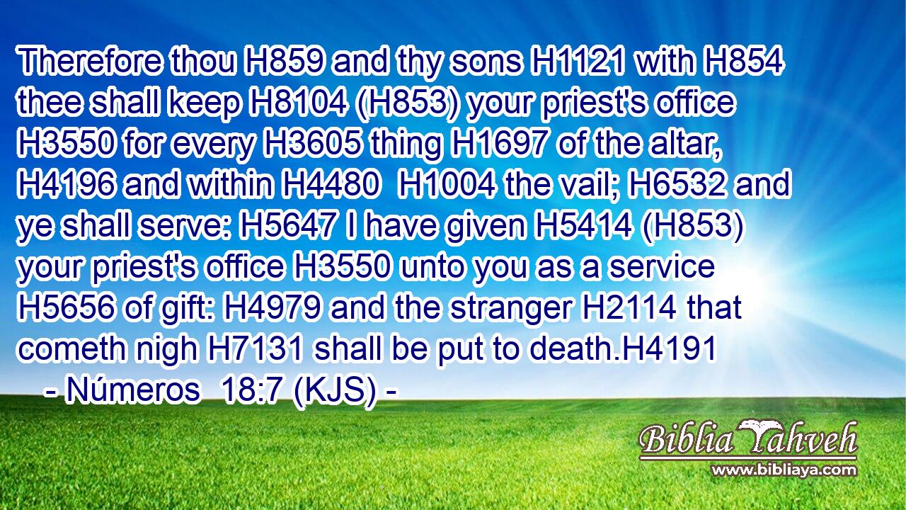 Therefore thou H859 and thy sons H1121 with H854 thee shall keep H8104 (H853) your priest's office H3550 for every H3605 thing H1697 of the altar, H4196 and within H4480  H1004 the vail; H6532 and ye shall serve: H5647 I have given H5414 (H853) your priest's office H3550 unto you as a service H5656 of gift: H4979 and the stranger H2114 that cometh nigh H7131 shall be put to death.H4191