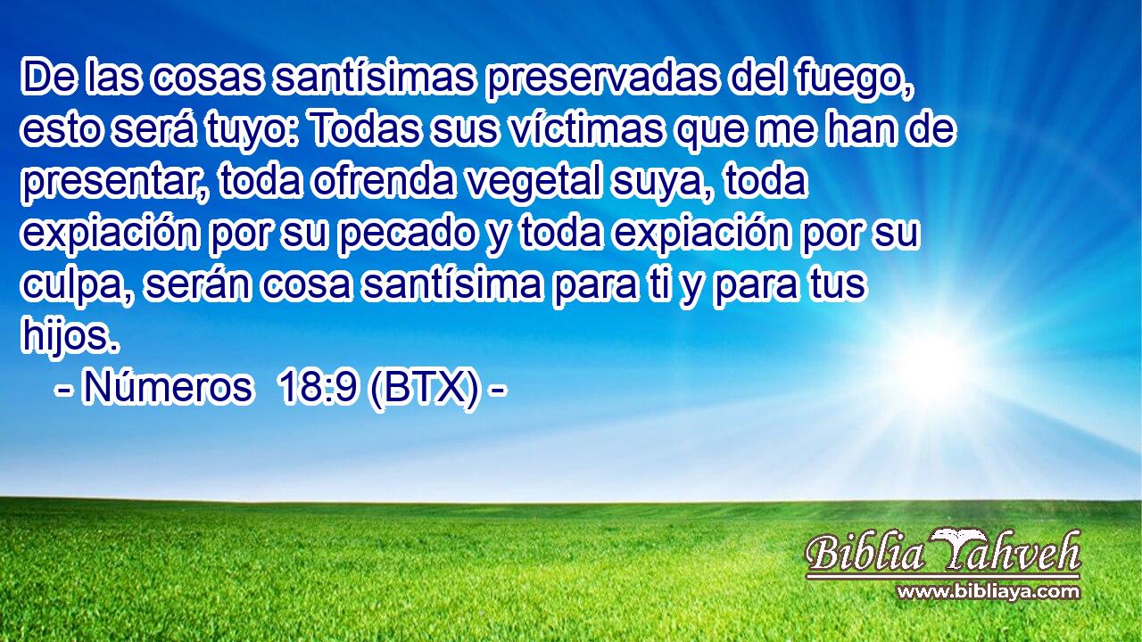 De las cosas santísimas preservadas del fuego, esto será tuyo: Todas sus víctimas que me han de presentar, toda ofrenda vegetal suya, toda expiación por su pecado y toda expiación por su culpa, serán cosa santísima para ti y para tus hijos.