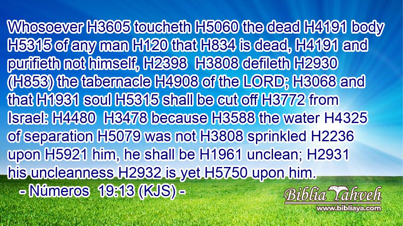 Whosoever H3605 toucheth H5060 the dead H4191 body H5315 of any man H120 that H834 is dead, H4191 and purifieth not himself, H2398  H3808 defileth H2930 (H853) the tabernacle H4908 of the LORD; H3068 and that H1931 soul H5315 shall be cut off H3772 from Israel: H4480  H3478 because H3588 the water H4325 of separation H5079 was not H3808 sprinkled H2236 upon H5921 him, he shall be H1961 unclean; H2931 his uncleanness H2932 is yet H5750 upon him.