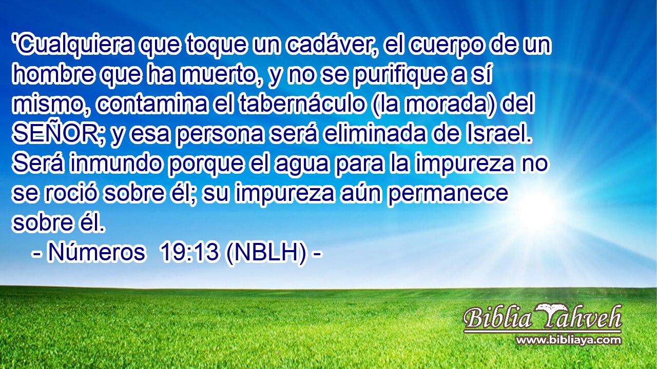  'Cualquiera que toque un cadáver, el cuerpo de un hombre que ha muerto, y no se purifique a sí mismo, contamina el tabernáculo (la morada) del SEÑOR; y esa persona será eliminada de Israel. Será inmundo porque el agua para la impureza no se roció sobre él; su impureza aún permanece sobre él. 
