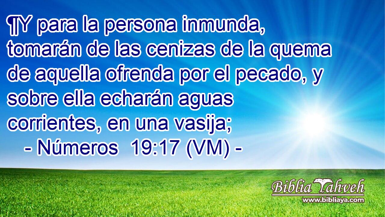  ¶Y para la persona inmunda, tomarán de las cenizas de la quema de aquella ofrenda por el pecado, y sobre ella echarán aguas corrientes, en una vasija; 