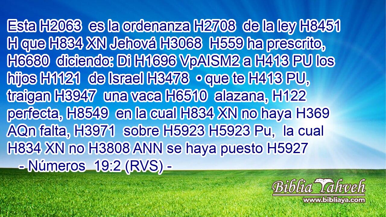 Esta H2063  es la ordenanza H2708  de la ley H8451 H que H834 XN Jehová H3068  H559 ha prescrito, H6680  diciendo: Di H1696 VpAISM2 a H413 PU los hijos H1121  de Israel H3478  • que te H413 PU,  traigan H3947  una vaca H6510  alazana, H122  perfecta, H8549  en la cual H834 XN no haya H369 AQn falta, H3971  sobre H5923 H5923 Pu,  la cual H834 XN no H3808 ANN se haya puesto H5927 