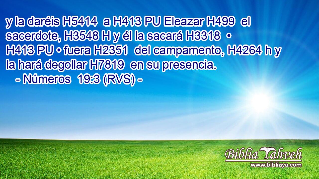 y la daréis H5414  a H413 PU Eleazar H499  el sacerdote, H3548 H y él la sacará H3318  • H413 PU • fuera H2351  del campamento, H4264 h y la hará degollar H7819  en su presencia. 