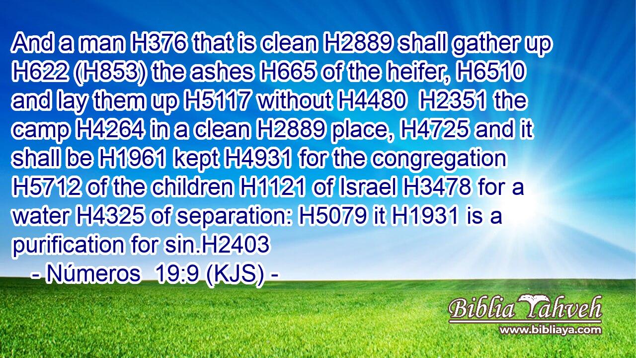 And a man H376 that is clean H2889 shall gather up H622 (H853) the ashes H665 of the heifer, H6510 and lay them up H5117 without H4480  H2351 the camp H4264 in a clean H2889 place, H4725 and it shall be H1961 kept H4931 for the congregation H5712 of the children H1121 of Israel H3478 for a water H4325 of separation: H5079 it H1931 is a purification for sin.H2403