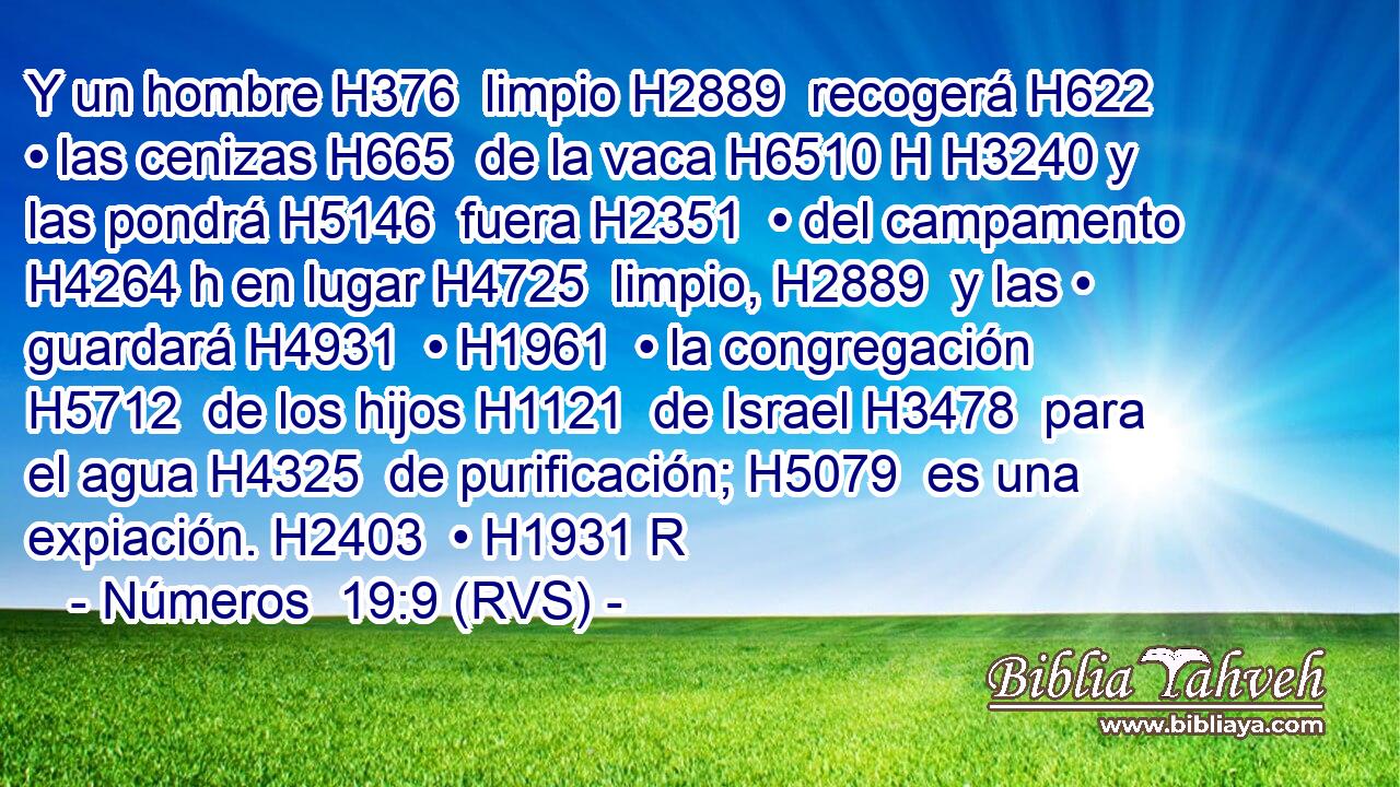 Y un hombre H376  limpio H2889  recogerá H622  • las cenizas H665  de la vaca H6510 H H3240 y las pondrá H5146  fuera H2351  • del campamento H4264 h en lugar H4725  limpio, H2889  y las • guardará H4931  • H1961  • la congregación H5712  de los hijos H1121  de Israel H3478  para el agua H4325  de purificación; H5079  es una expiación. H2403  • H1931 R