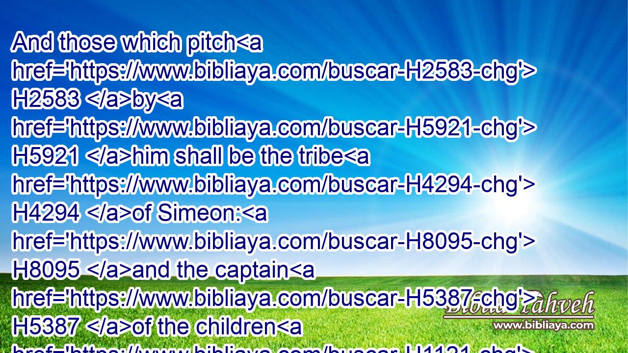 And those which pitch H2583 by H5921 him shall be the tribe H4294 of Simeon: H8095 and the captain H5387 of the children H1121 of Simeon H8095 shall be Shelumiel H8017 the son H1121 of Zurishaddai.H6701