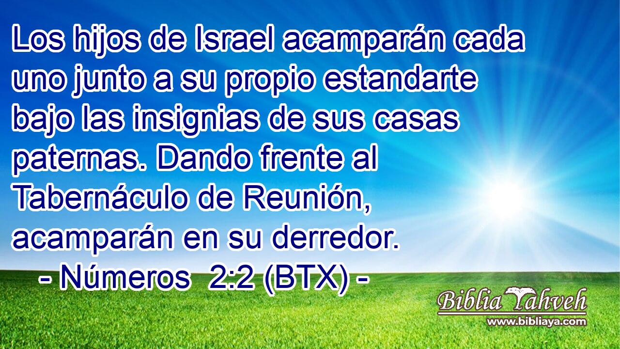 Los hijos de Israel acamparán cada uno junto a su propio estandarte bajo las insignias de sus casas paternas. Dando frente al Tabernáculo de Reunión, acamparán en su derredor.