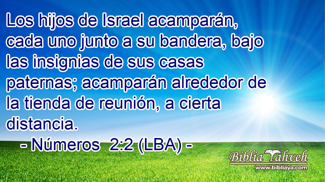 Los hijos de Israel acamparán, cada uno junto a su bandera, bajo las insignias de sus casas paternas; acamparán alrededor de la tienda de reunión, a cierta distancia.