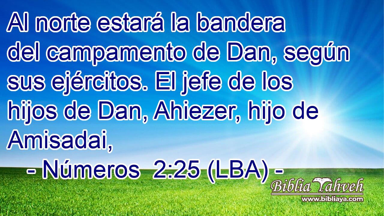 Al norte estará la bandera del campamento de Dan, según sus ejércitos. El jefe de los hijos de Dan, Ahiezer, hijo de Amisadai,