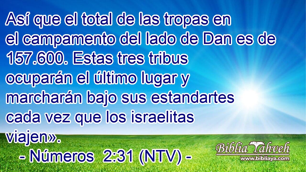 Así que el total de las tropas en el campamento del lado de Dan es de 157.600. Estas tres tribus ocuparán el último lugar y marcharán bajo sus estandartes cada vez que los israelitas viajen».