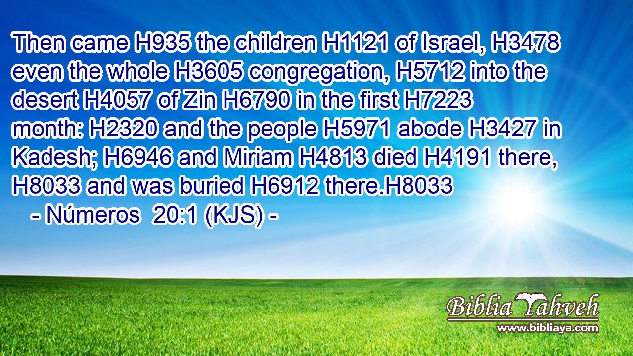 Then came H935 the children H1121 of Israel, H3478 even the whole H3605 congregation, H5712 into the desert H4057 of Zin H6790 in the first H7223 month: H2320 and the people H5971 abode H3427 in Kadesh; H6946 and Miriam H4813 died H4191 there, H8033 and was buried H6912 there.H8033