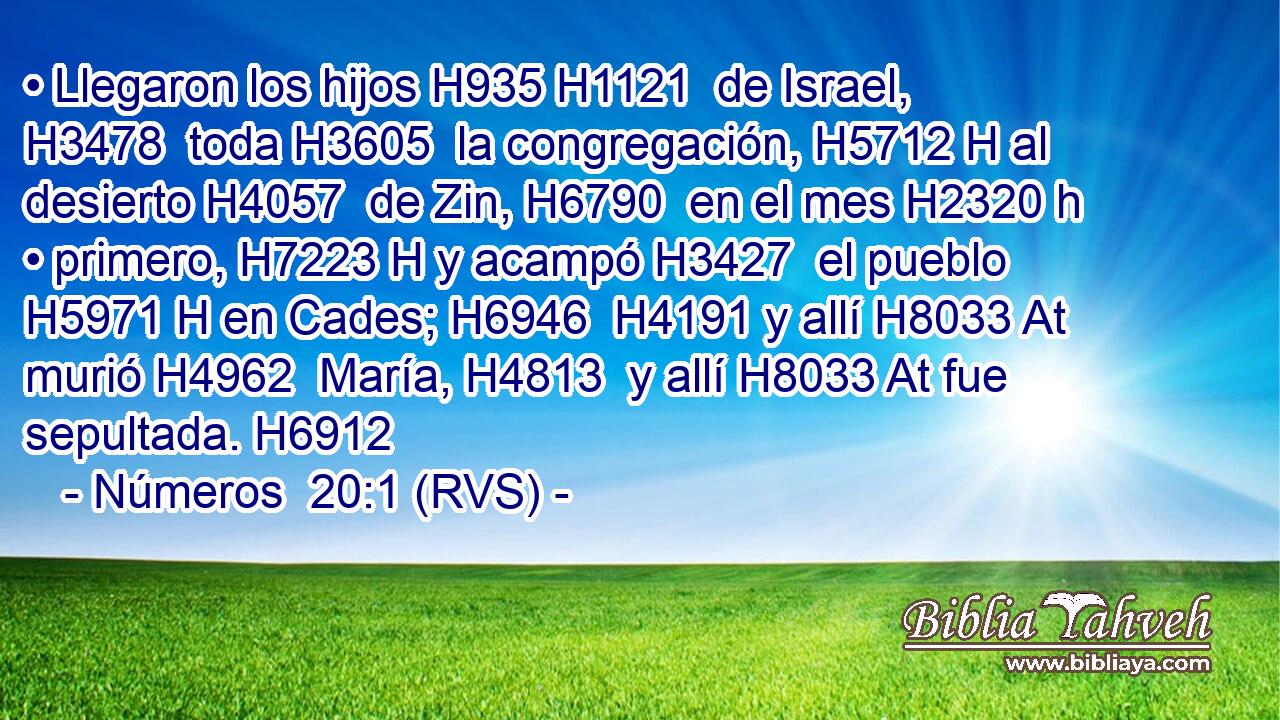 • Llegaron los hijos H935 H1121  de Israel, H3478  toda H3605  la congregación, H5712 H al desierto H4057  de Zin, H6790  en el mes H2320 h • primero, H7223 H y acampó H3427  el pueblo H5971 H en Cades; H6946  H4191 y allí H8033 At murió H4962  María, H4813  y allí H8033 At fue sepultada. H6912  