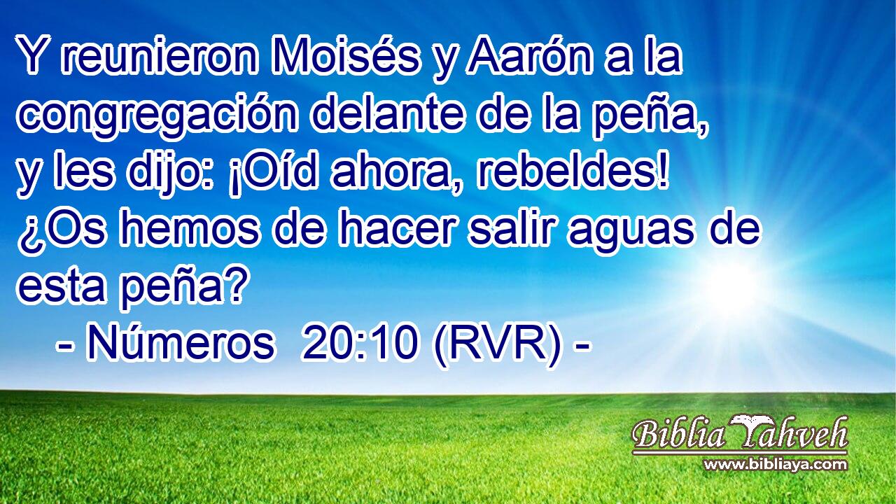 Y reunieron Moisés y Aarón a la congregación delante de la peña, y les dijo: ¡Oíd ahora, rebeldes! ¿Os hemos de hacer salir aguas de esta peña?
