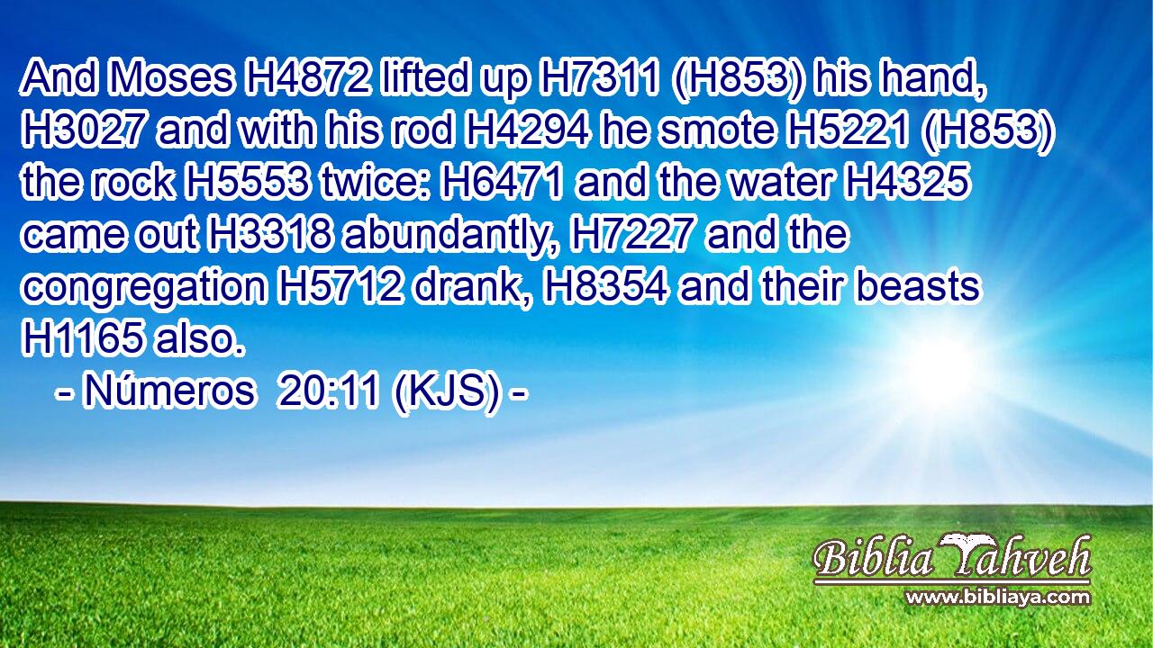 And Moses H4872 lifted up H7311 (H853) his hand, H3027 and with his rod H4294 he smote H5221 (H853) the rock H5553 twice: H6471 and the water H4325 came out H3318 abundantly, H7227 and the congregation H5712 drank, H8354 and their beasts H1165 also.