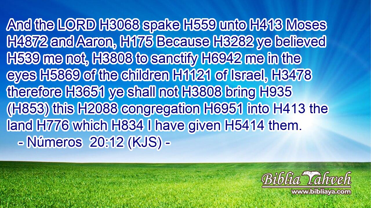 And the LORD H3068 spake H559 unto H413 Moses H4872 and Aaron, H175 Because H3282 ye believed H539 me not, H3808 to sanctify H6942 me in the eyes H5869 of the children H1121 of Israel, H3478 therefore H3651 ye shall not H3808 bring H935 (H853) this H2088 congregation H6951 into H413 the land H776 which H834 I have given H5414 them.