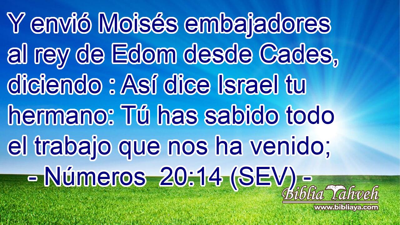 Y envió Moisés embajadores al rey de Edom desde Cades, diciendo : Así dice Israel tu hermano: Tú has sabido todo el trabajo que nos ha venido;