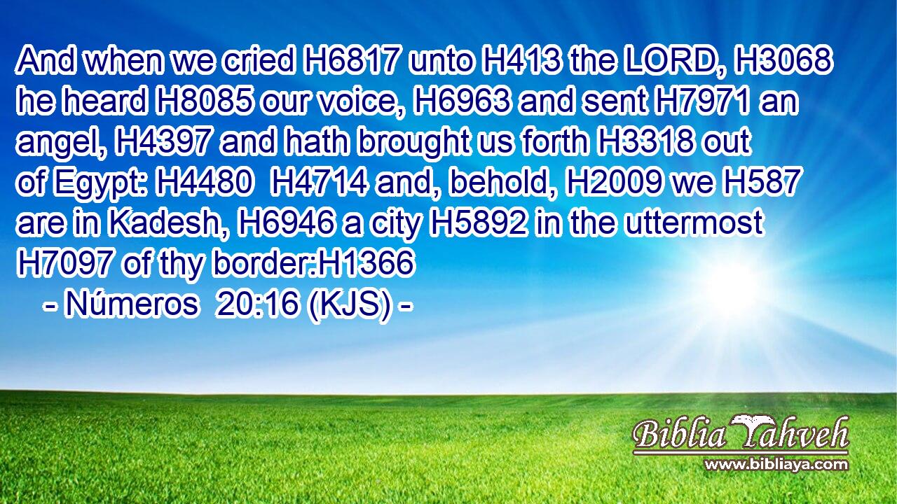And when we cried H6817 unto H413 the LORD, H3068 he heard H8085 our voice, H6963 and sent H7971 an angel, H4397 and hath brought us forth H3318 out of Egypt: H4480  H4714 and, behold, H2009 we H587 are in Kadesh, H6946 a city H5892 in the uttermost H7097 of thy border:H1366
