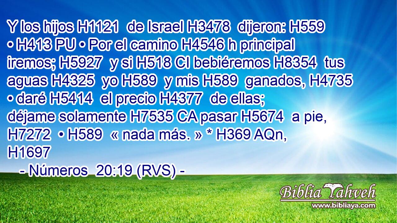 Y los hijos H1121  de Israel H3478  dijeron: H559  • H413 PU • Por el camino H4546 h principal iremos; H5927  y si H518 CI bebiéremos H8354  tus aguas H4325  yo H589  y mis H589  ganados, H4735  • daré H5414  el precio H4377  de ellas; déjame solamente H7535 CA pasar H5674  a pie, H7272  • H589  « nada más. » * H369 AQn,  H1697 