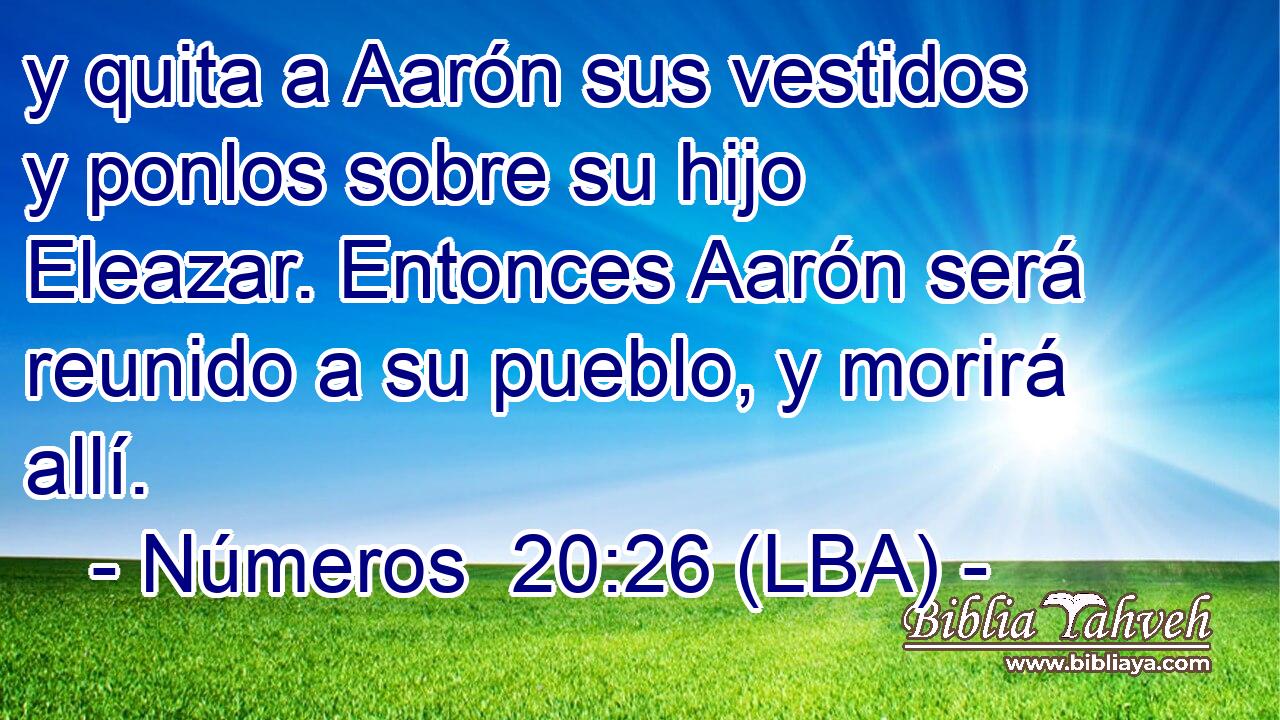 y quita a Aarón sus vestidos y ponlos sobre su hijo Eleazar. Entonces Aarón será reunido a su pueblo, y morirá allí.