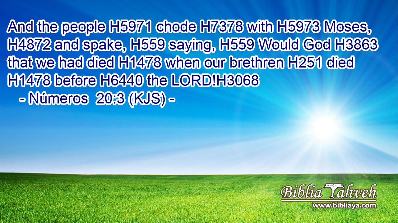 And the people H5971 chode H7378 with H5973 Moses, H4872 and spake, H559 saying, H559 Would God H3863 that we had died H1478 when our brethren H251 died H1478 before H6440 the LORD!H3068