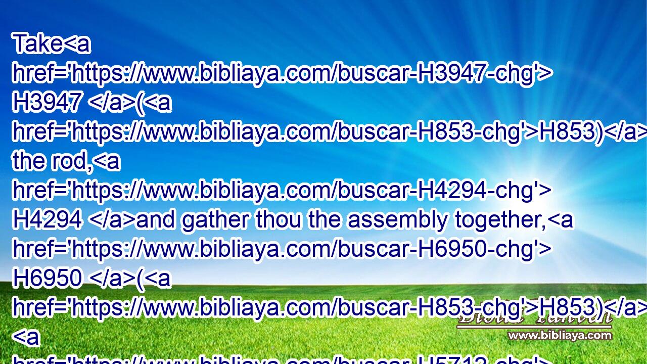 Take H3947 (H853) the rod, H4294 and gather thou the assembly together, H6950 (H853)  H5712 thou, H859 and Aaron H175 thy brother, H251 and speak H1696 ye unto H413 the rock H5553 before their eyes; H5869 and it shall give forth H5414 his water, H4325 and thou shalt bring forth H3318 to them water H4325 out of H4480 the rock: H5553 so thou shalt give(H853) the congregation H5712 and their beasts H1165 drink.H8248