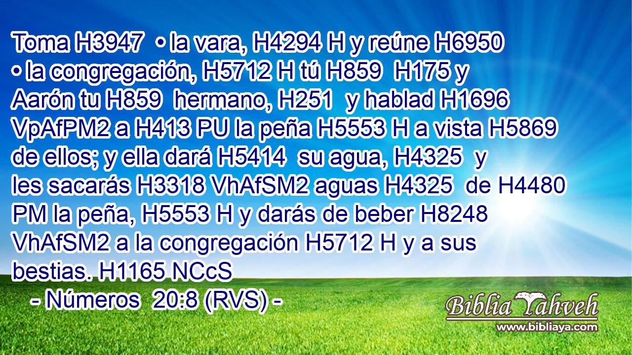 Toma H3947  • la vara, H4294 H y reúne H6950  • la congregación, H5712 H tú H859  H175 y Aarón tu H859  hermano, H251  y hablad H1696 VpAfPM2 a H413 PU la peña H5553 H a vista H5869  de ellos; y ella dará H5414  su agua, H4325  y les sacarás H3318 VhAfSM2 aguas H4325  de H4480 PM la peña, H5553 H y darás de beber H8248 VhAfSM2 a la congregación H5712 H y a sus bestias. H1165 NCcS