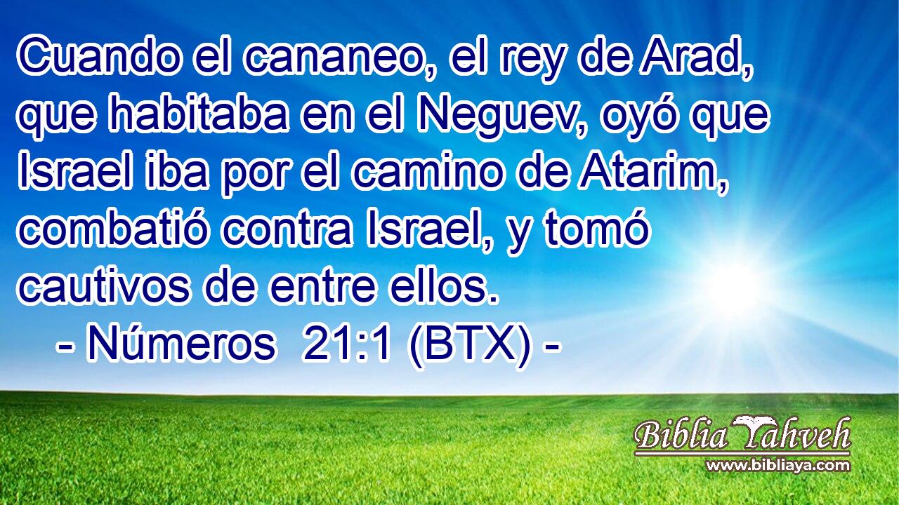 Cuando el cananeo, el rey de Arad, que habitaba en el Neguev, oyó que Israel iba por el camino de Atarim, combatió contra Israel, y tomó cautivos de entre ellos.