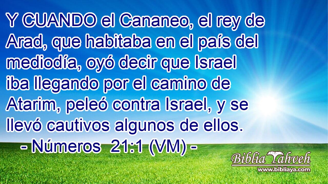  Y CUANDO el Cananeo, el rey de Arad, que habitaba en el país del mediodía, oyó decir que Israel iba llegando por el camino de Atarim, peleó contra Israel, y se llevó cautivos algunos de ellos. 