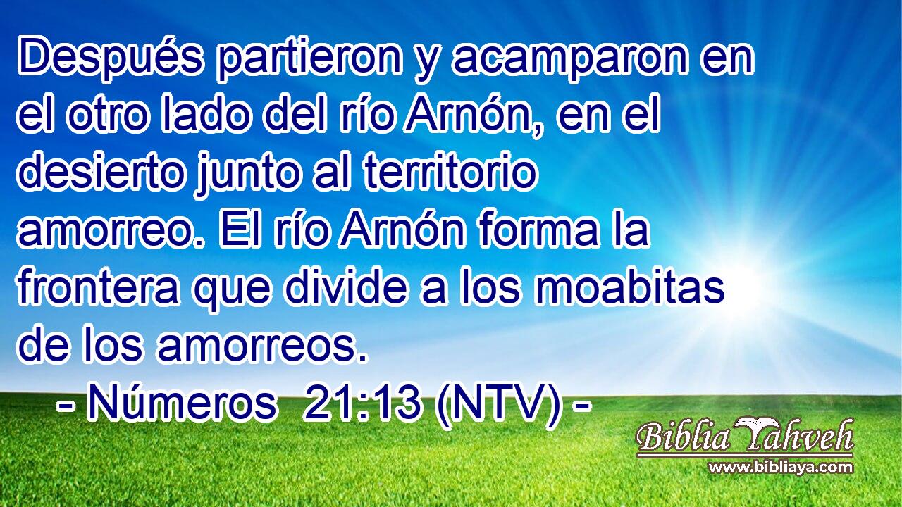 Después partieron y acamparon en el otro lado del río Arnón, en el desierto junto al territorio amorreo. El río Arnón forma la frontera que divide a los moabitas de los amorreos.