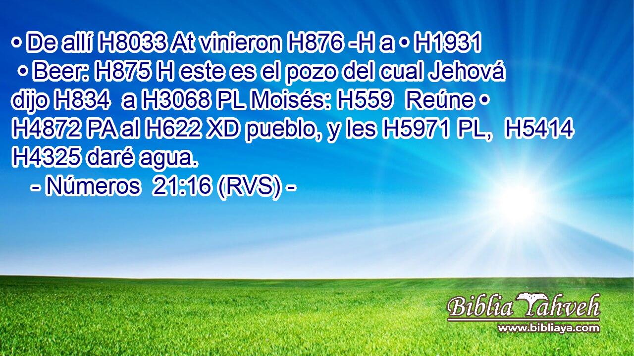 • De allí H8033 At vinieron H876 -H a • H1931  • Beer: H875 H este es el pozo del cual Jehová dijo H834  a H3068 PL Moisés: H559  Reúne • H4872 PA al H622 XD pueblo, y les H5971 PL,  H5414 H4325 daré agua. 