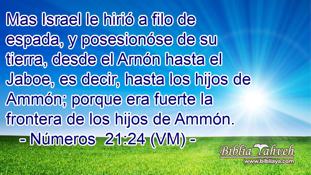  Mas Israel le hirió a filo de espada, y posesionóse de su tierra, desde el Arnón hasta el Jaboe, es decir, hasta los hijos de Ammón; porque era fuerte la frontera de los hijos de Ammón. 