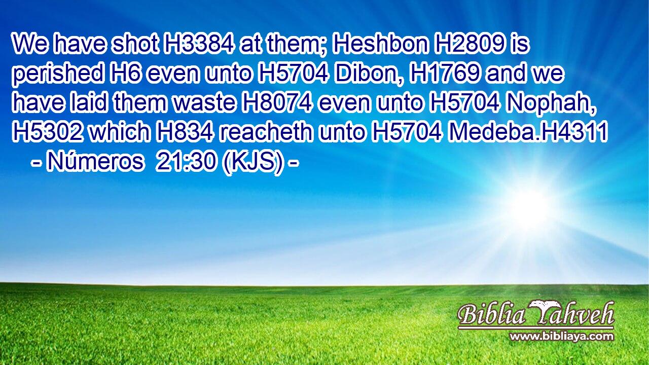 We have shot H3384 at them; Heshbon H2809 is perished H6 even unto H5704 Dibon, H1769 and we have laid them waste H8074 even unto H5704 Nophah, H5302 which H834 reacheth unto H5704 Medeba.H4311