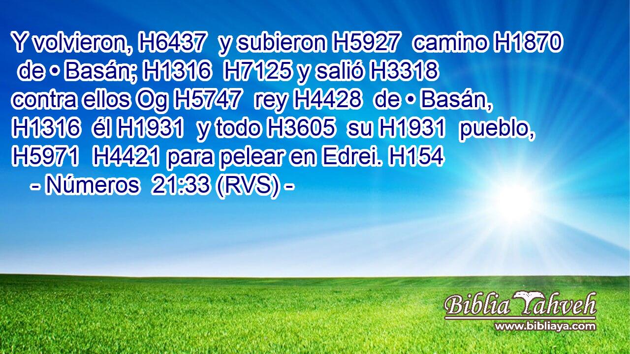 Y volvieron, H6437  y subieron H5927  camino H1870  de • Basán; H1316  H7125 y salió H3318  contra ellos Og H5747  rey H4428  de • Basán, H1316  él H1931  y todo H3605  su H1931  pueblo, H5971  H4421 para pelear en Edrei. H154  