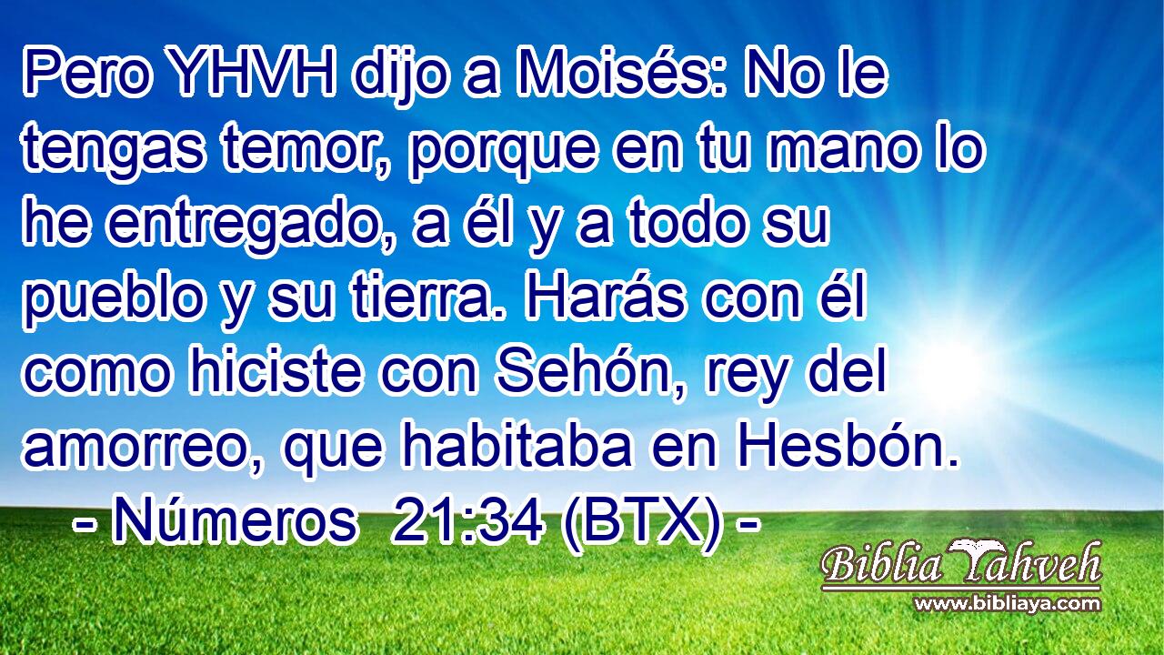 Pero YHVH dijo a Moisés: No le tengas temor, porque en tu mano lo he entregado, a él y a todo su pueblo y su tierra. Harás con él como hiciste con Sehón, rey del amorreo, que habitaba en Hesbón.
