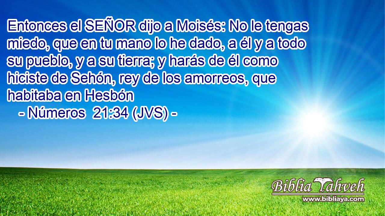 Entonces el SEÑOR dijo a Moisés: No le tengas miedo, que en tu mano lo he dado, a él y a todo su pueblo, y a su tierra; y harás de él como hiciste de Sehón, rey de los amorreos, que habitaba en Hesbón