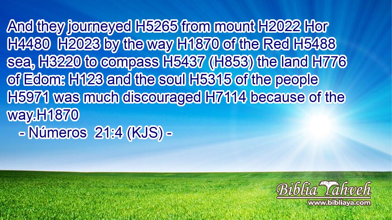 And they journeyed H5265 from mount H2022 Hor H4480  H2023 by the way H1870 of the Red H5488 sea, H3220 to compass H5437 (H853) the land H776 of Edom: H123 and the soul H5315 of the people H5971 was much discouraged H7114 because of the way.H1870