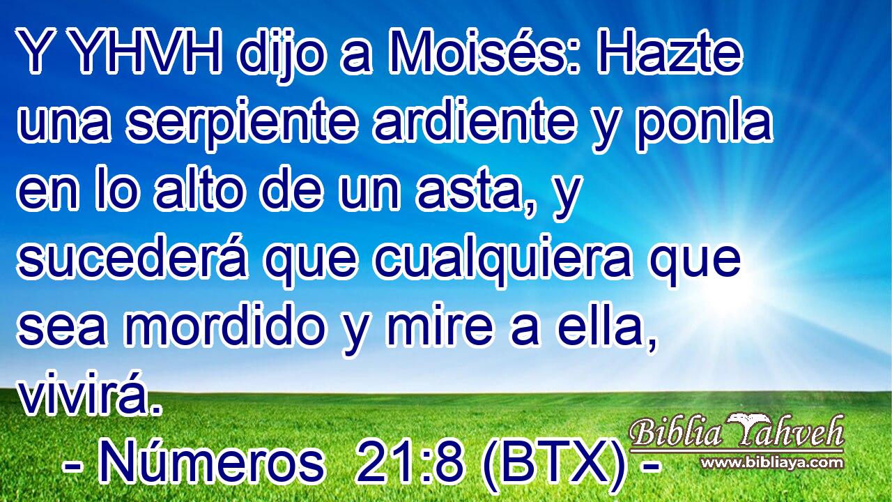 Y YHVH dijo a Moisés: Hazte una serpiente ardiente y ponla en lo alto de un asta, y sucederá que cualquiera que sea mordido y mire a ella, vivirá.