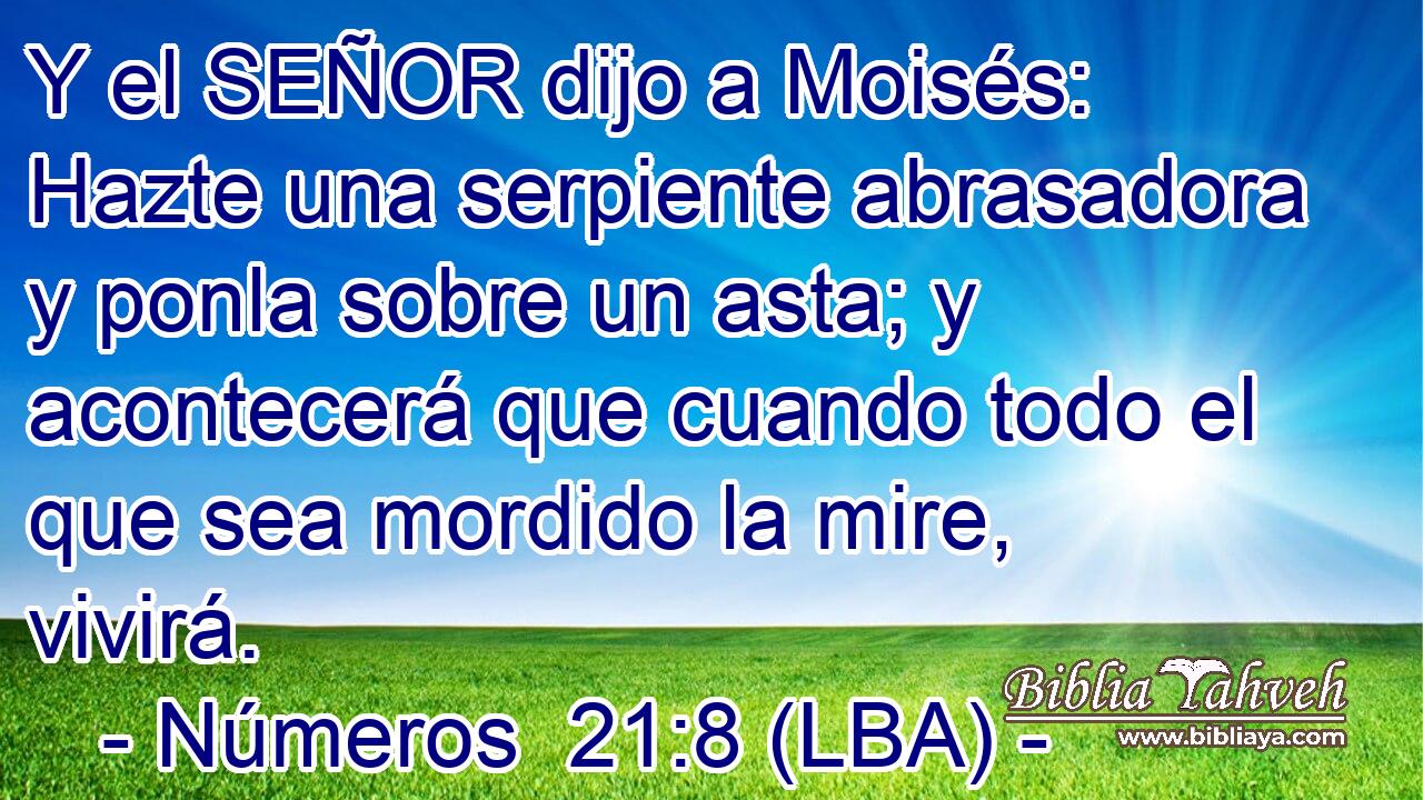Y el SEÑOR dijo a Moisés: Hazte una serpiente abrasadora y ponla sobre un asta; y acontecerá que cuando todo el que sea mordido la mire, vivirá.