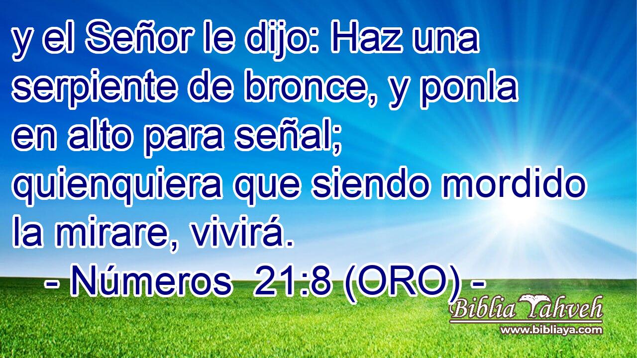  y el Señor le dijo: Haz una serpiente de bronce, y ponla en alto para señal; quienquiera que siendo mordido la mirare, vivirá. 