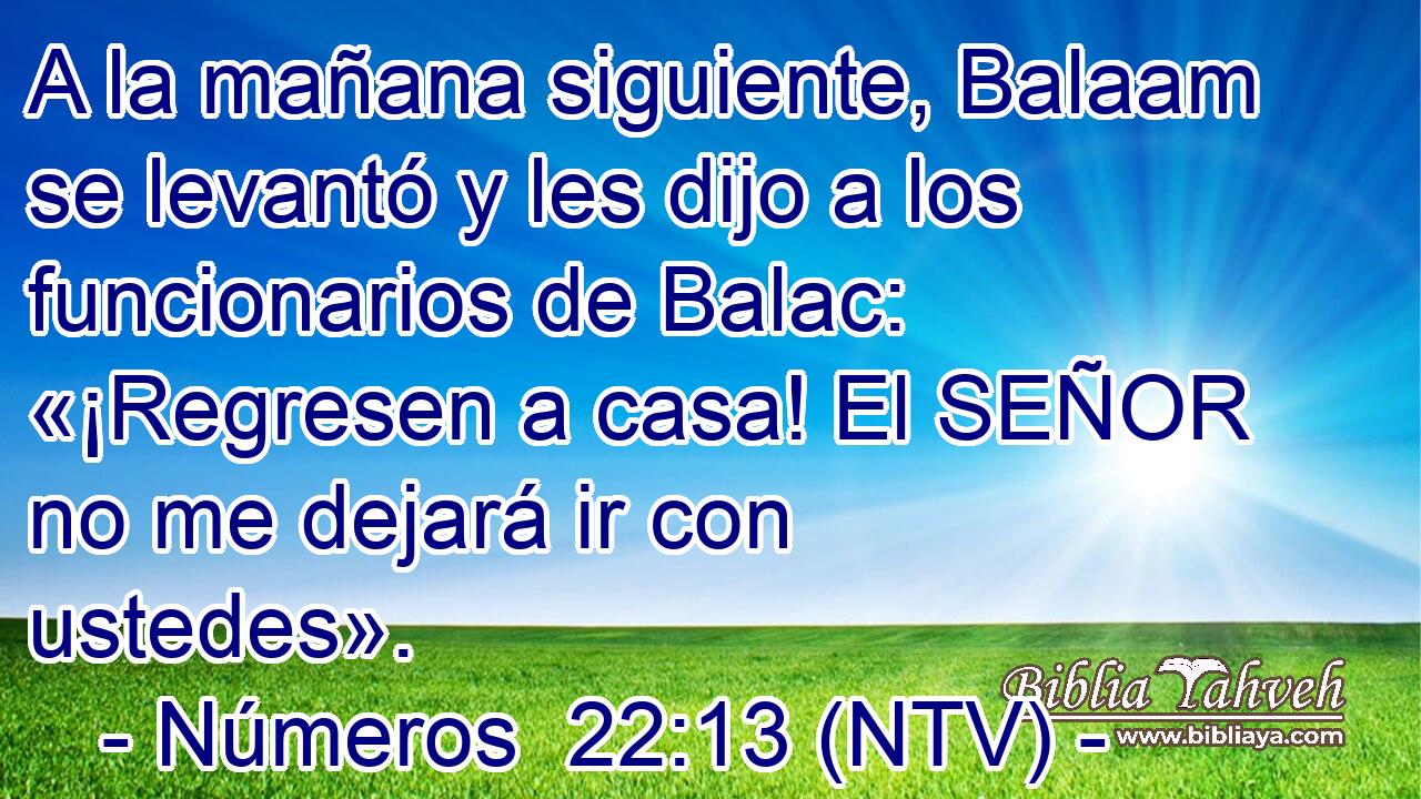 A la mañana siguiente, Balaam se levantó y les dijo a los funcionarios de Balac: «¡Regresen a casa! El SEÑOR no me dejará ir con ustedes».