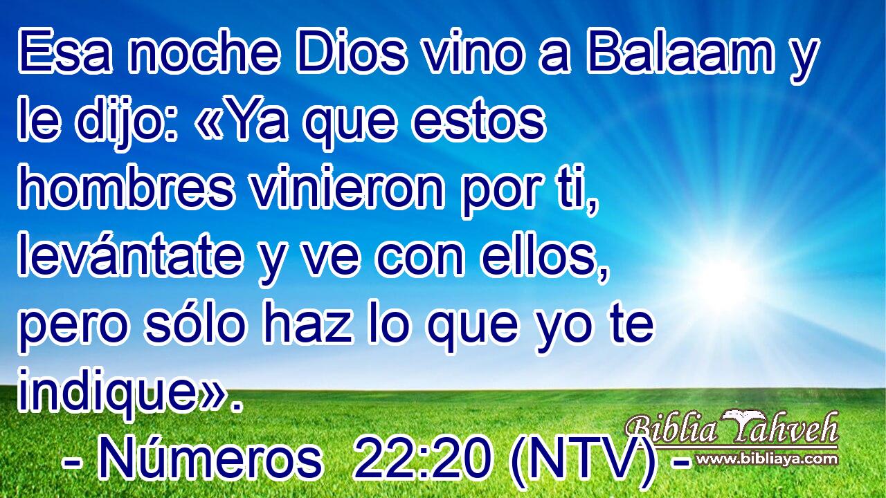 Esa noche Dios vino a Balaam y le dijo: «Ya que estos hombres vinieron por ti, levántate y ve con ellos, pero sólo haz lo que yo te indique».