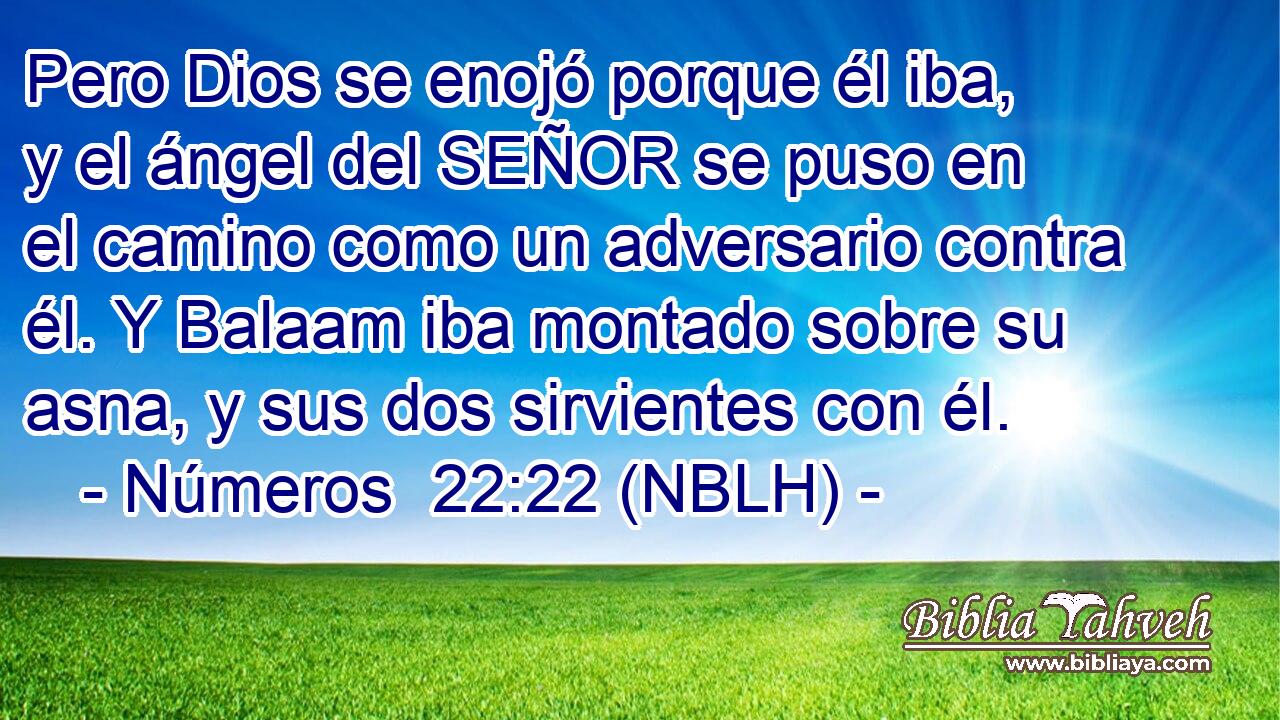  Pero Dios se enojó porque él iba, y el ángel del SEÑOR se puso en el camino como un adversario contra él. Y Balaam iba montado sobre su asna, y sus dos sirvientes con él. 