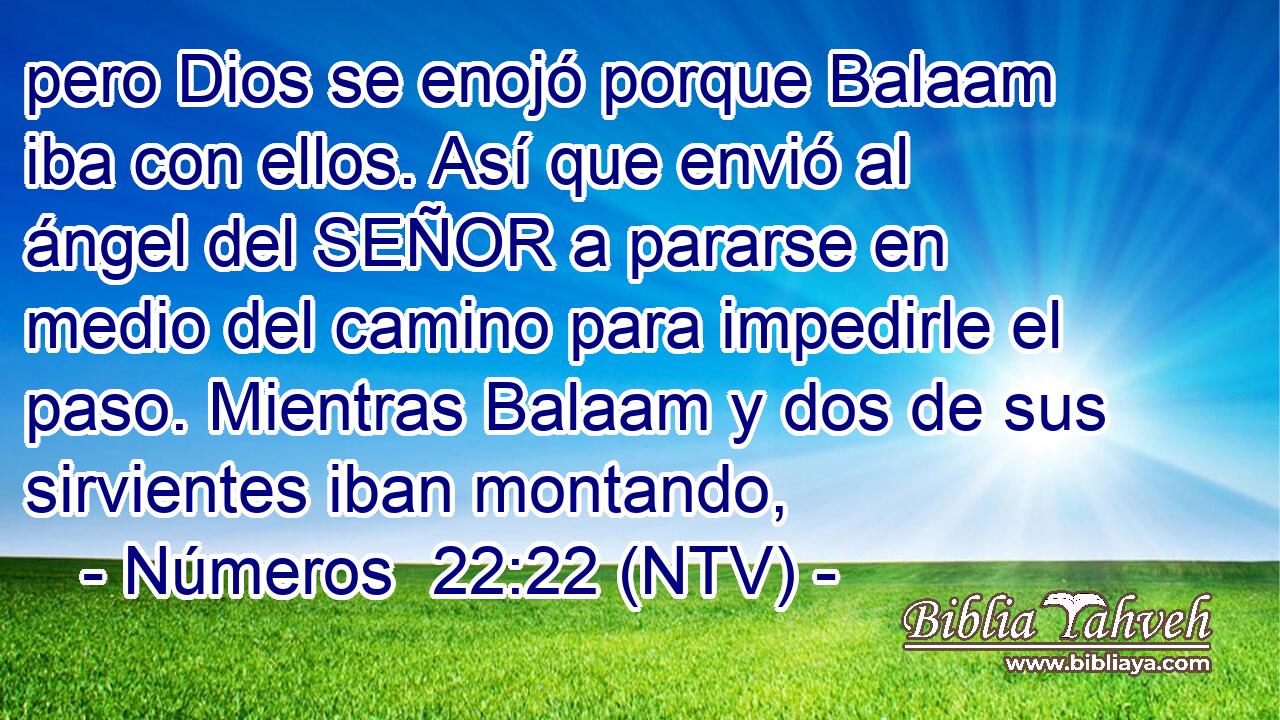 pero Dios se enojó porque Balaam iba con ellos. Así que envió al ángel del SEÑOR a pararse en medio del camino para impedirle el paso. Mientras Balaam y dos de sus sirvientes iban montando,