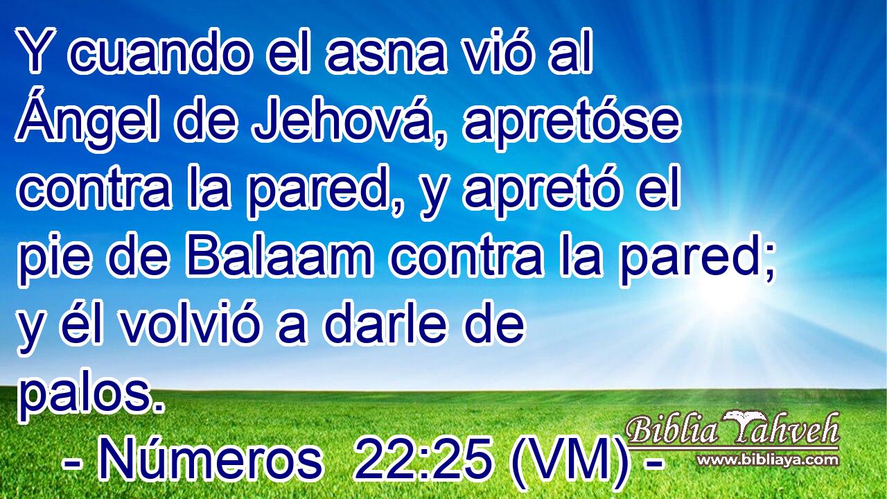  Y cuando el asna vió al Ángel de Jehová, apretóse contra la pared, y apretó el pie de Balaam contra la pared; y él volvió a darle de palos. 